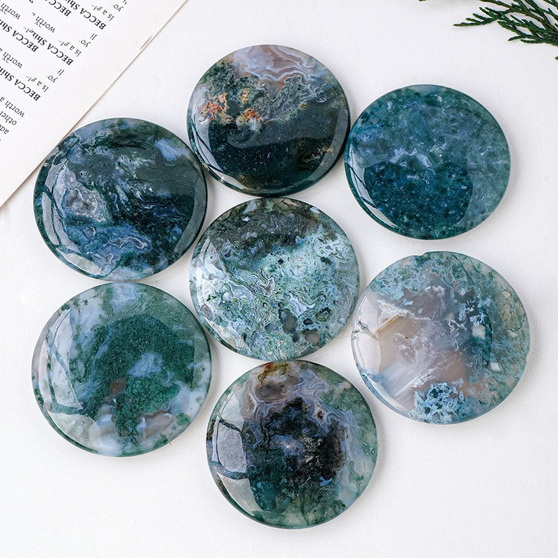 天然水草玛瑙圆形瑜伽石把玩件水晶裸石热敷石矿标鱼缸装饰石