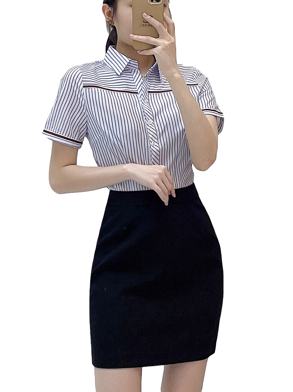 PROFESSIONAL SUIT WOMENS SHORT SLEEVES SUMMER TEMPERAMENT GODDESS FAN STRIPED SKIRT HOTEL FRONT DESK OVERALLS CASHIER RECEPTION OVERALLS