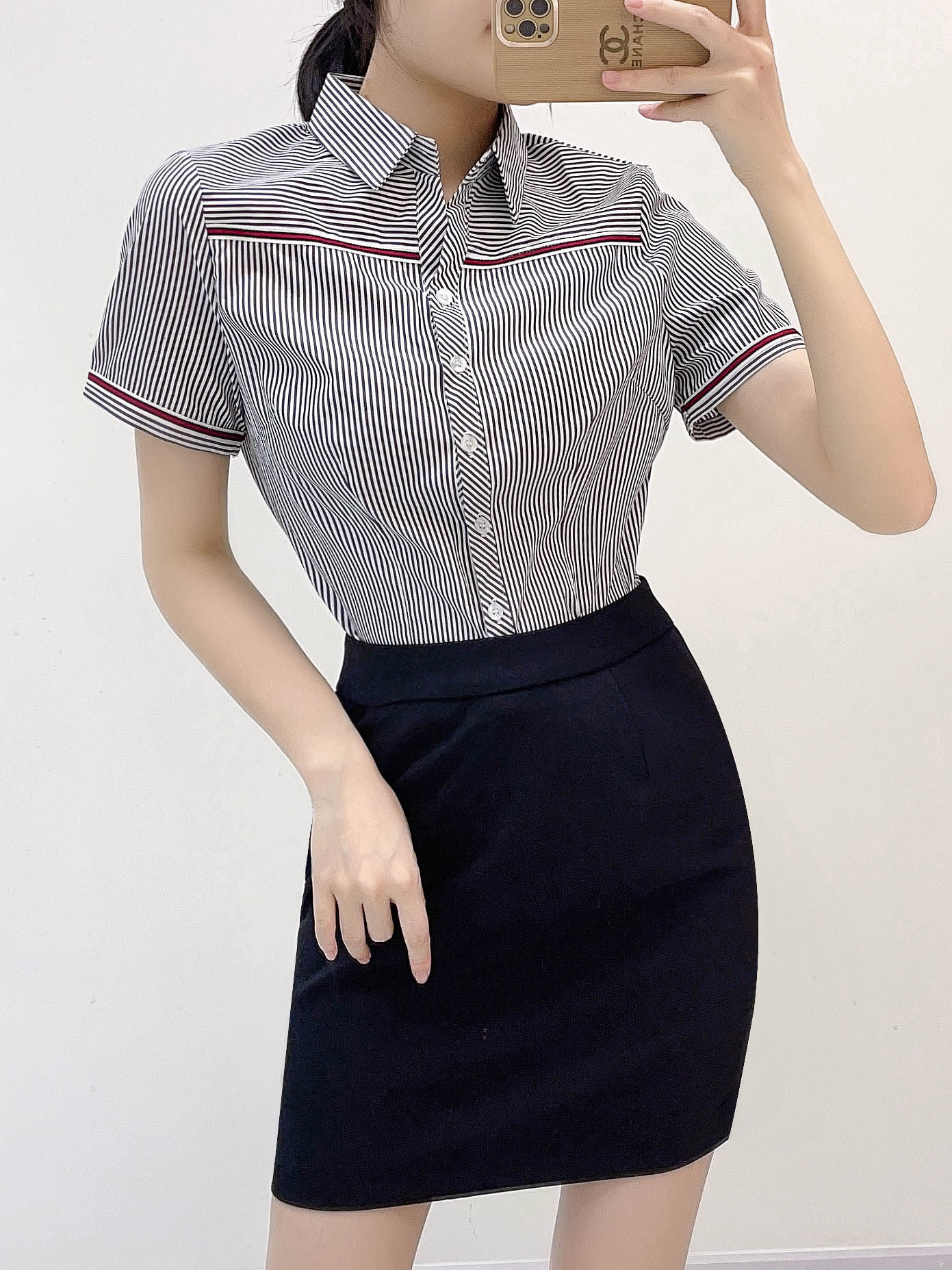PROFESSIONAL SUIT WOMENS SHORT SLEEVES SUMMER TEMPERAMENT GODDESS FAN STRIPED SKIRT HOTEL FRONT DESK OVERALLS CASHIER RECEPTION OVERALLS