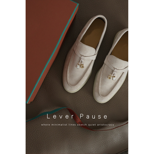 Laughter Pattern老钱风麂皮限定金属扣休闲白底鞋一脚蹬乐福鞋女