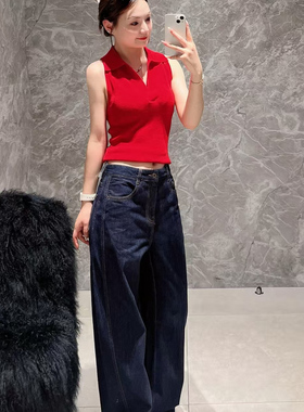 MO家同款红色POLO领无袖针织衫修身显瘦复古港风背心高级感上衣女