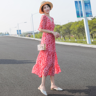 海边度假连衣裙夏季 小个子粉色显瘦长裙 女2023新款 雪纺沙滩裙短袖
