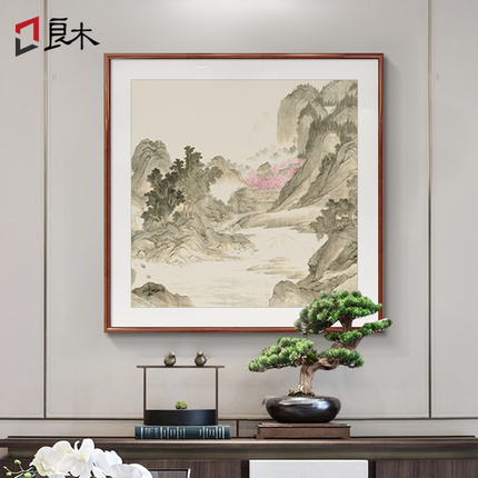 湖山春暖国画新中式玄关装饰画山水画客厅餐厅书房挂画斗方形风景