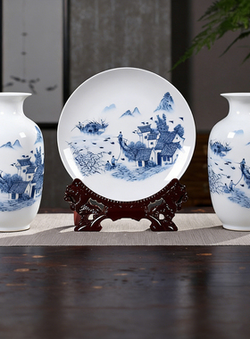 青花瓷三件套陶器瓶摆景德