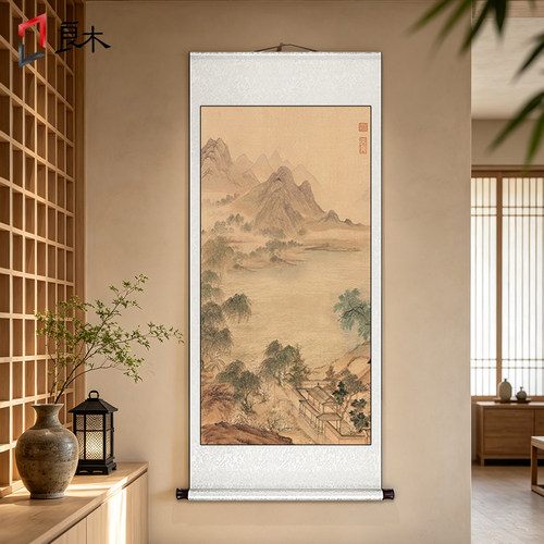宋氏美学过道走廊玄关卷轴挂画茶室书房办公室装饰画正对门山水画