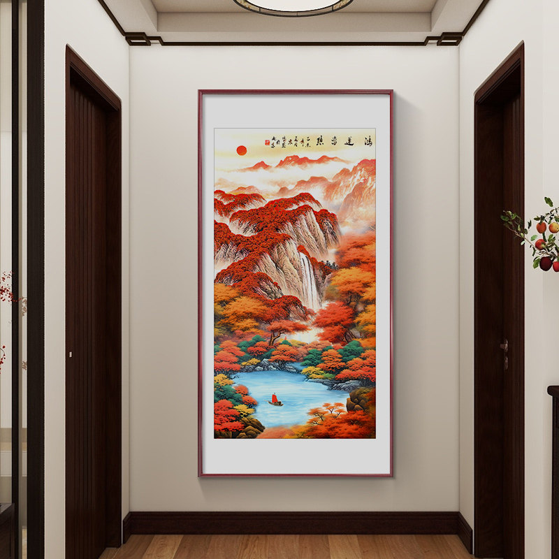 鸿运当头挂画玄关装饰画国画山水画新中式入户正对门壁画招财墙画
