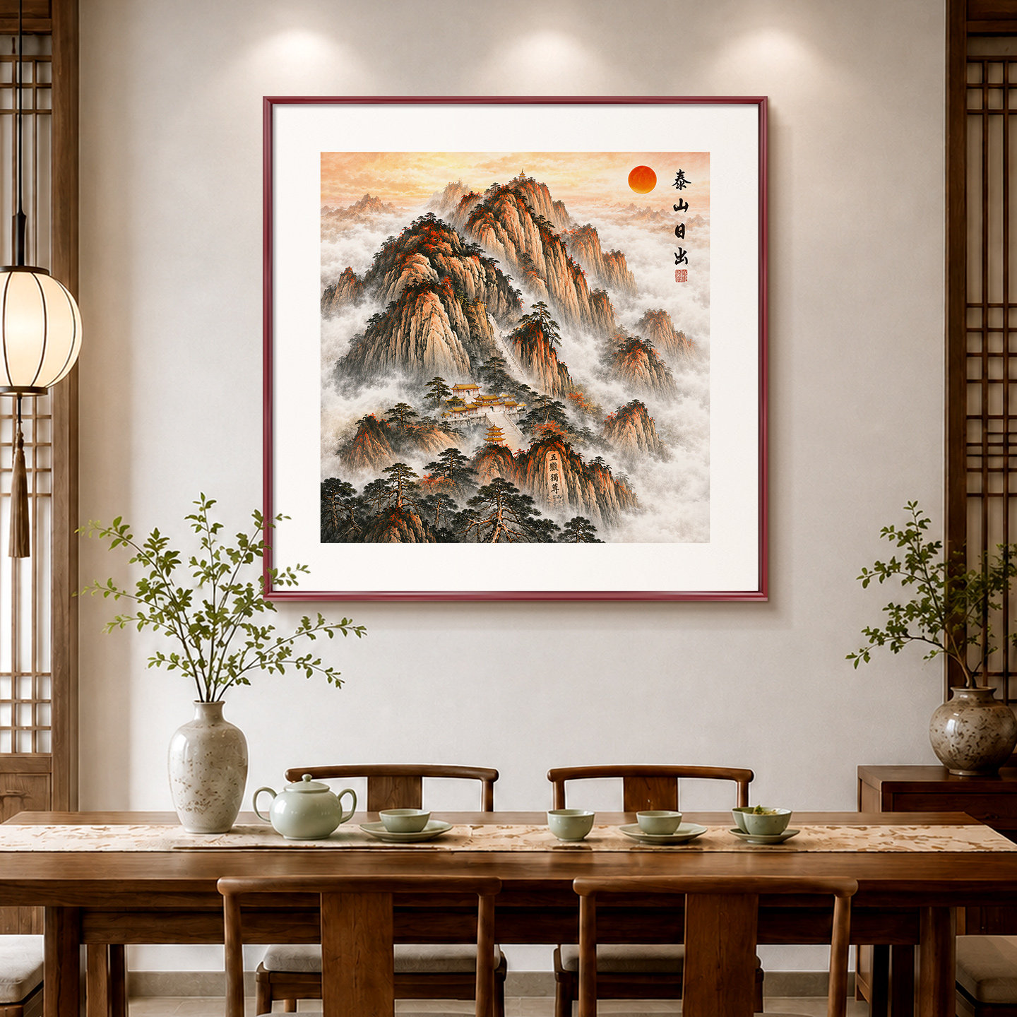 国画山水画泰山日出斗方新中式入户玄关装饰画办公室书房客厅挂画