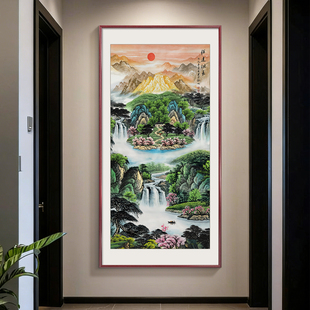 国画源远流长聚宝盆山水画竖版玄关装饰画新中式招财客厅走廊挂画