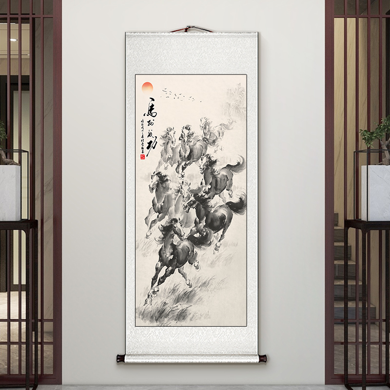 八骏图马到成功卷轴挂画支持定制