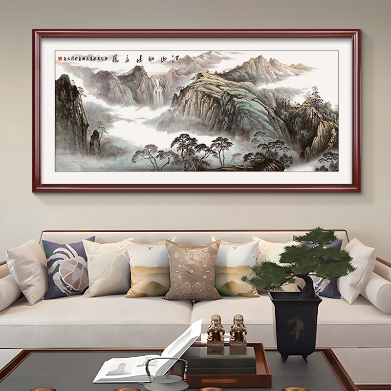 国画山水画客厅挂画新中式沙发背景墙装饰画背有靠山西墙靠山图图片