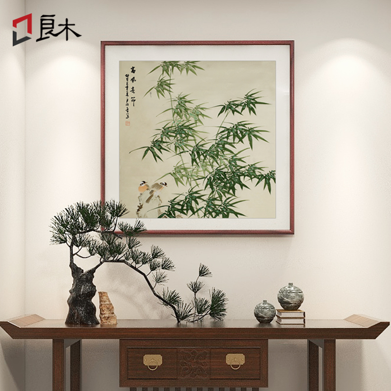 竹报平安装饰画玄关挂画新中式餐厅壁画斗方形茶室客厅背景墙画图片