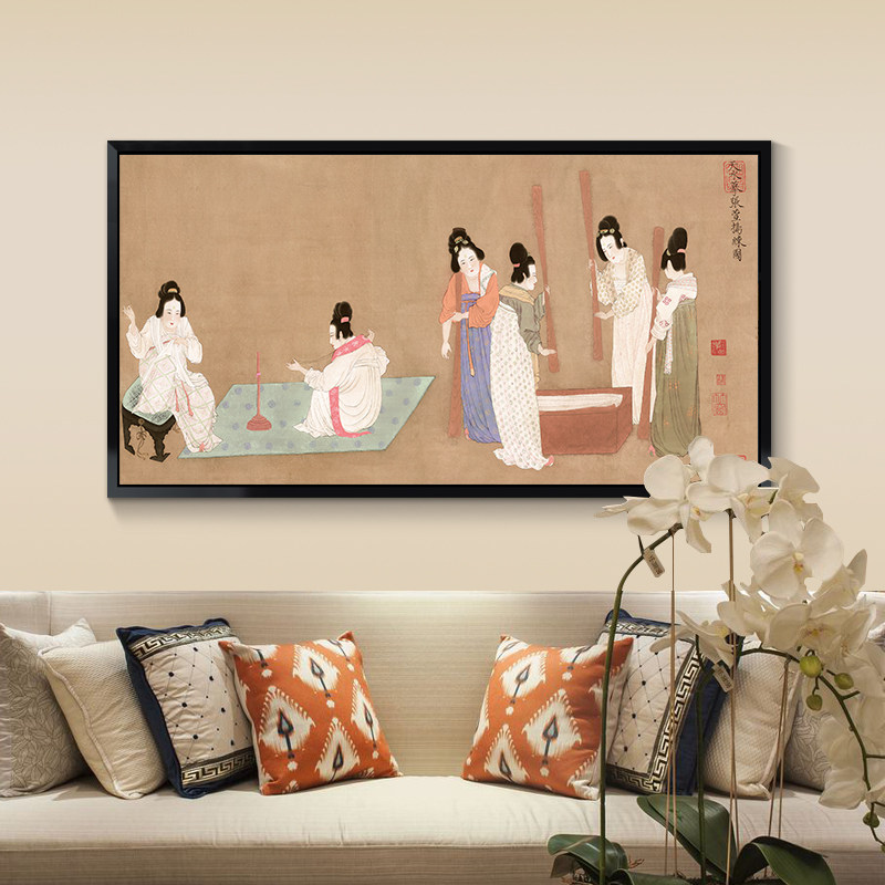 古典中式卧室装饰画床头画唐代仕女捣练图壁画主题会所墙挂画