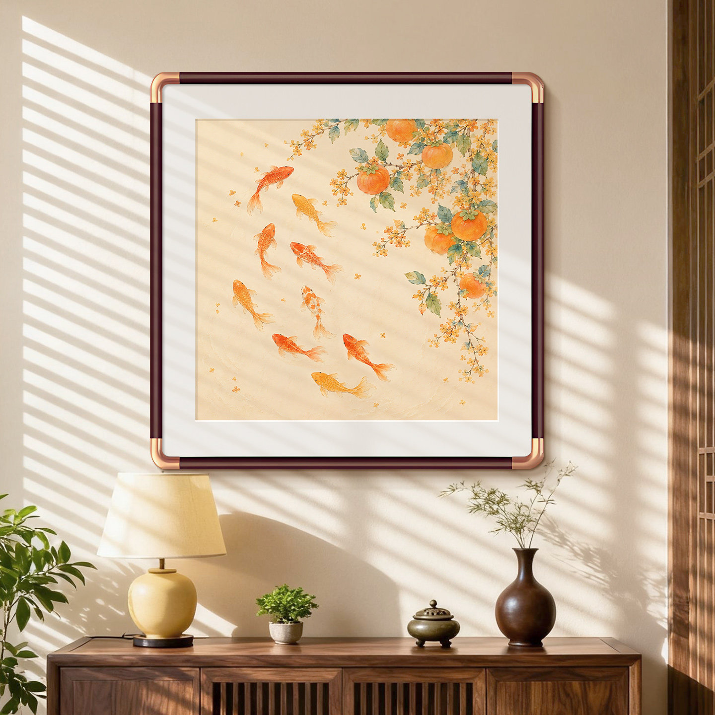 柿子九鱼图餐厅挂画斗方壁画图片