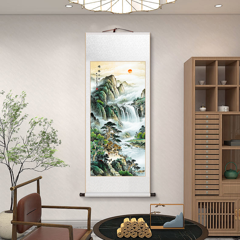 旭日东升山水画卷轴挂画玄关走廊新中式客厅装饰画办公室竖版国画