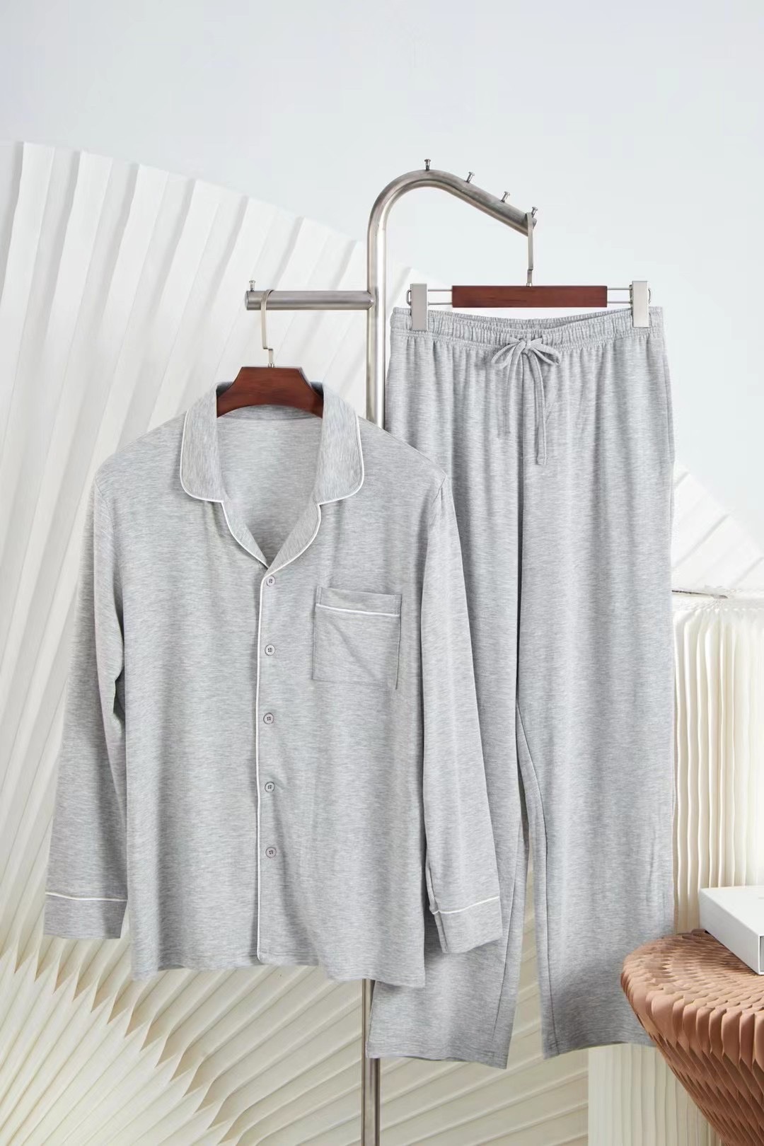 出口欧美 秋冬新品男士羊毛绒针织边保暖长袖裤睡衣家居服套装