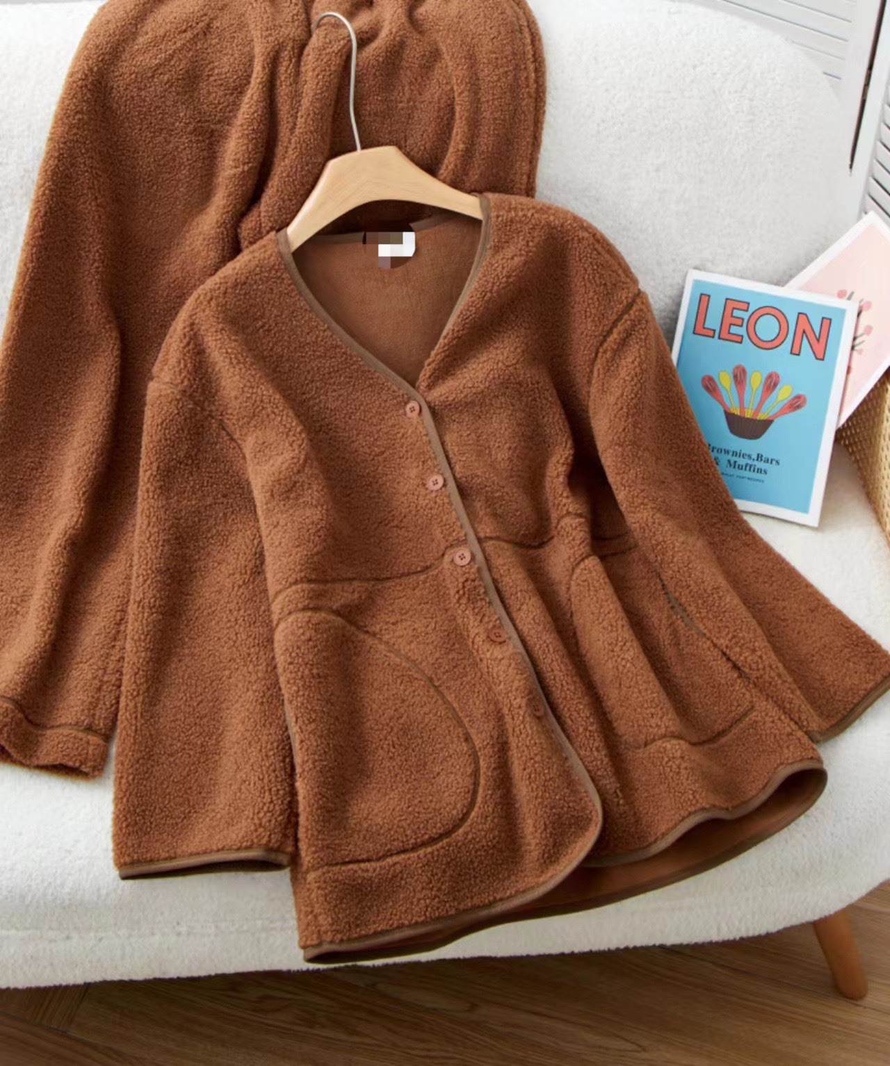 原单N家 秋冬新款泰迪绒复古卡其色女士长袖裤睡衣家居服套装