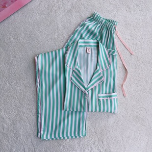 25夏秋新品 丝滑缎面粉绿条长短袖裤女明星同款睡衣家居服套装