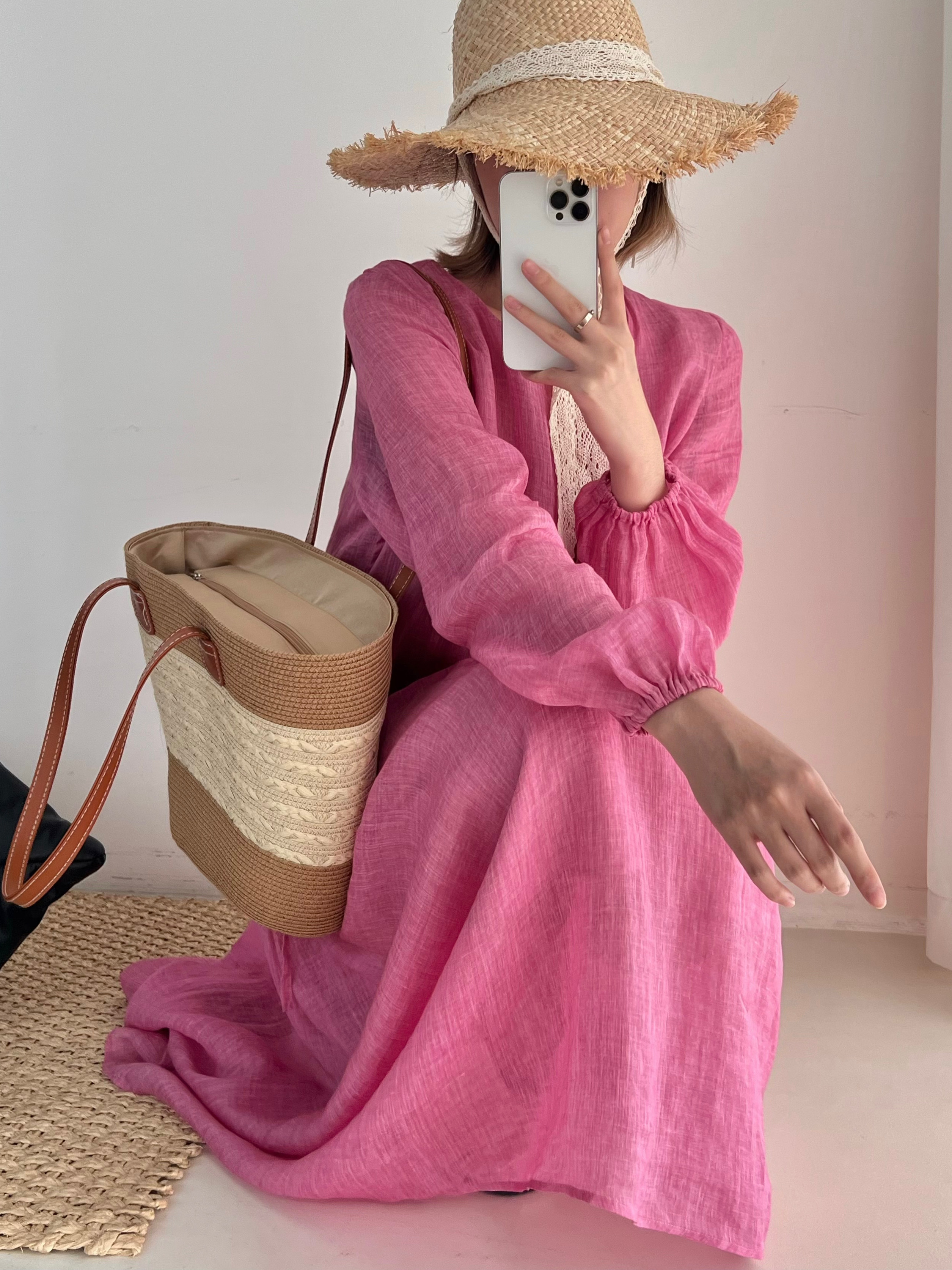 26夏天巨好看的减龄甜美粉色绝美宽松禅意慵懒风苎麻连衣裙子1163