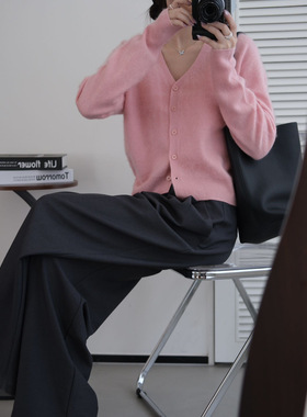 95%羊毛拉毛针织开衫女V领显瘦羊绒外套秋冬贵气百搭短款上衣6205