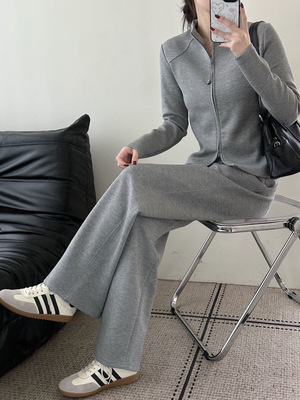 女士休闲运动两件套装2026春季新款立领修身拉链外套+微喇裤长裤