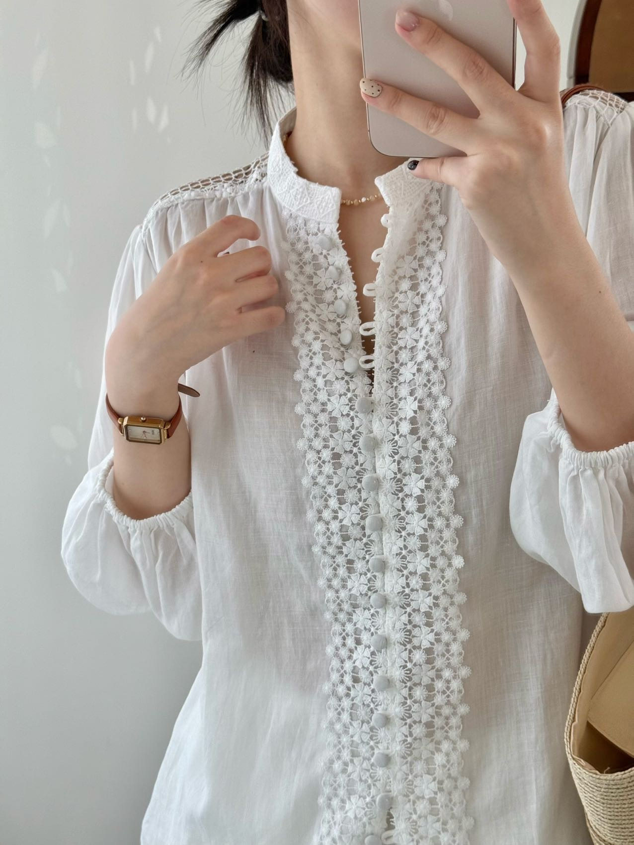 白色立领衬衫女26夏法式蕾丝拼接花边七分袖上衣宽松百搭衬衣3231