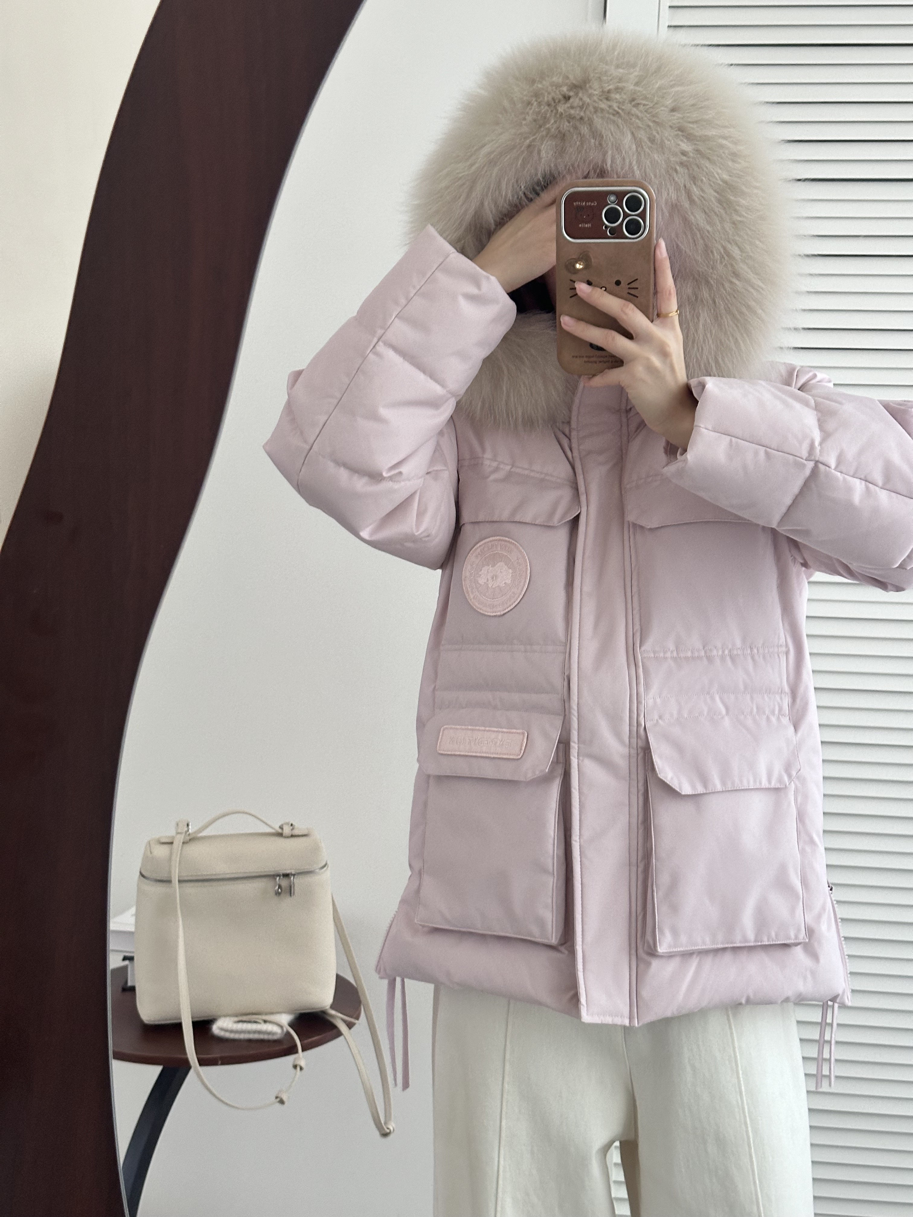 杜邦三防派克工装粉色羽绒服女冬季90白鸭绒狐狸毛大毛领外套上衣