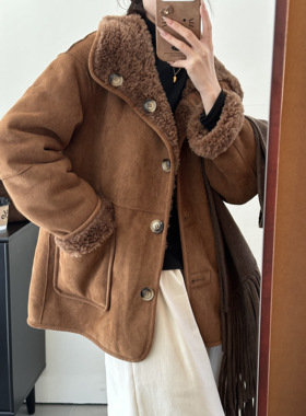 两面穿100%羊毛麂皮大衣女韩系皮毛一体外套女宽松大衣女保暖8415