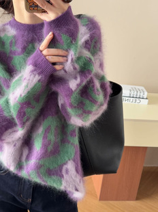 鸢尾繁花拉绒羊毛毛衣女法式慵懒风晕染花朵小众气质拉毛毛衣9706