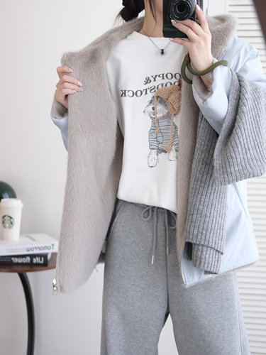 派克服连帽两面穿仿水貂毛宽松慵懒感2025冬季新款毛毛外套女9678