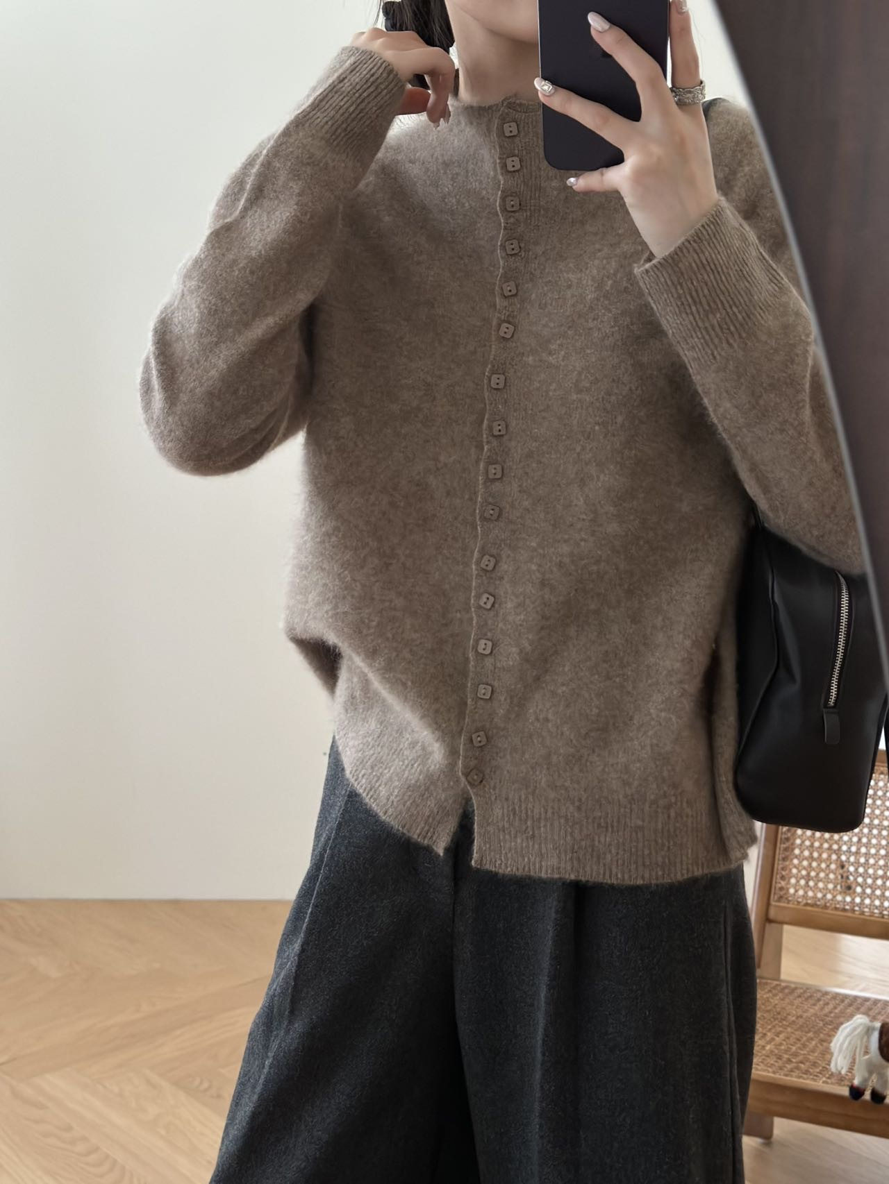 山羊绒拉毛开衫女2025秋冬绵羊毛毛衣立领纽扣外套小皮草上衣9676