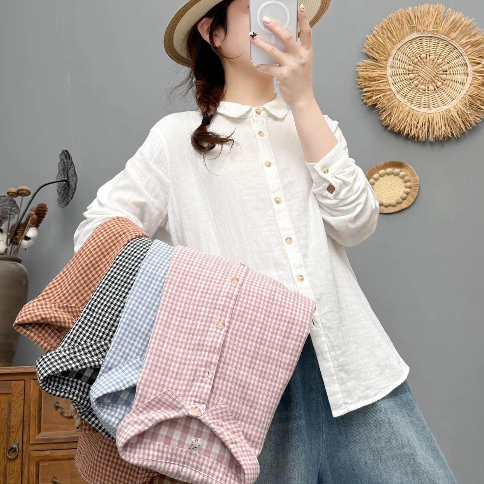 双层棉纱娃娃领衬衫打底上衣