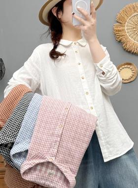 文艺2025圆领双层棉纱长袖格子衬衫女宽松休闲纯棉百搭衬衣9889