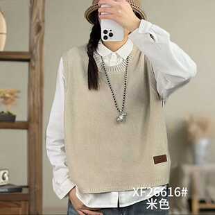 棉线贴标针织背心下摆开叉圆领无袖套头马甲套头休闲马夹26616