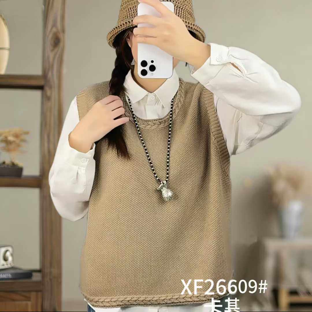麻花提花针织马甲女百搭棉线马夹圆领无袖宽松纯色套头背心26609