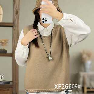 麻花提花针织马甲女百搭棉线马夹圆领无袖宽松纯色套头背心26609