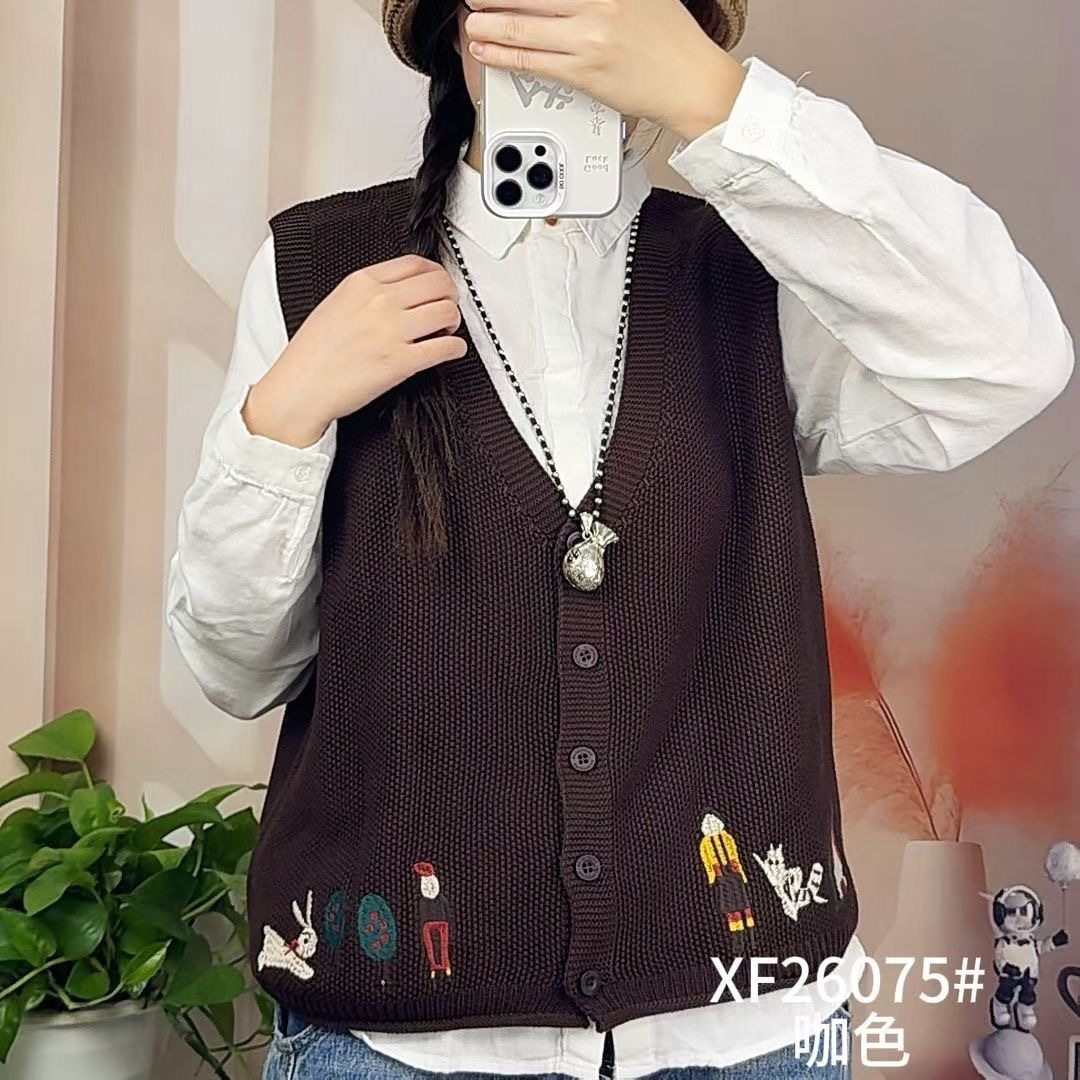 V领小人刺绣纯棉线针织马甲