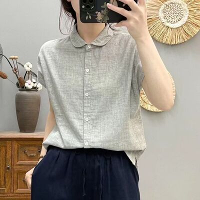 文艺圆翻领无袖衬衫日系宽松