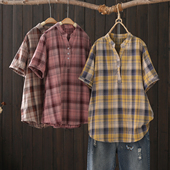 日系复古小V领格子双层棉纱短袖 女士宽松休闲上衣2025夏J03 衬衫