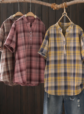 日系复古小V领格子双层棉纱短袖衬衫女士宽松休闲上衣2025夏J03