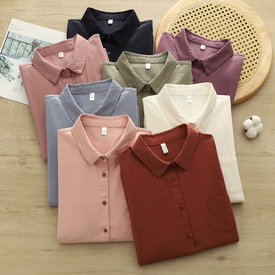 文艺磨毛尖领宽松开衫长袖衬衫