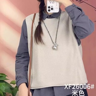 圆领百搭棉线马甲女纯色宽松休闲套头无袖针织背心显瘦马夹春6006