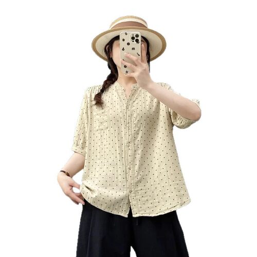 夏季纯棉双层纱波点V领衬衫女