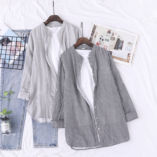 女2019秋新款 衬衫 纯棉格子外套上衣 双层棉纱长袖 原创立领中长款