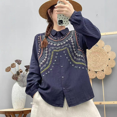 文艺民族风刺绣双层棉纱长袖衬衫 女百搭纯棉宽松显瘦上衣XC5538
