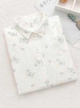 森系田园风小碎花印花长袖衬衫女纯棉软糯双层棉纱打底衬衣Y929