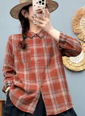 文艺百搭翻领格子双层棉纱长袖衬衫女时尚宽松休闲打底上衣8617