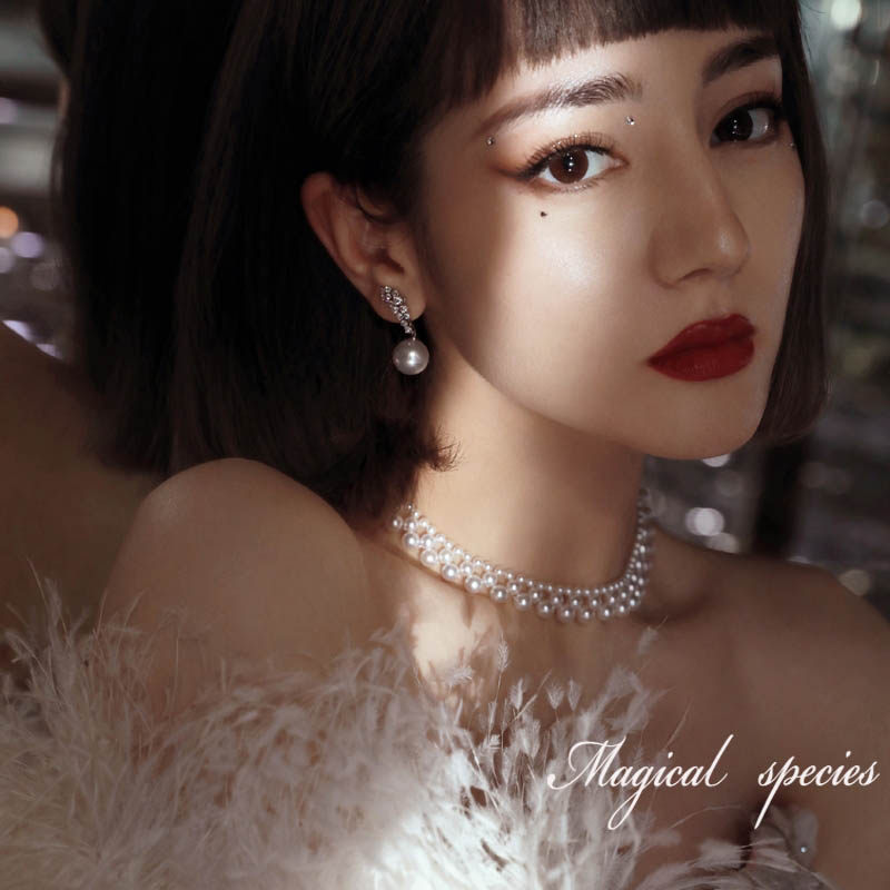 物种 热巴微博之夜同款珍珠项链复古法式项圈锁骨链耳环耳夹套装