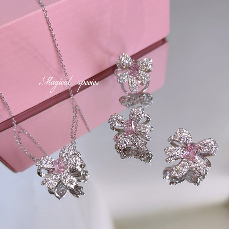 物种 夹心甜美粉色蝴蝶结锆石简约华丽耳环开口戒指套装锁骨项链