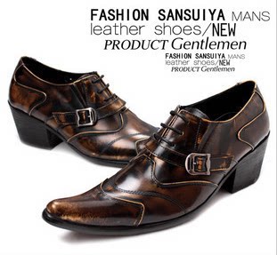 潮流英伦风牛皮尖头皮鞋男士增高男鞋韩版时尚美发师个性男高跟鞋