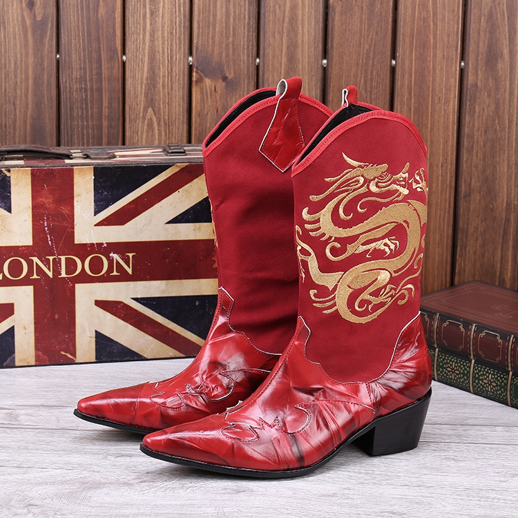 尖头皮靴美发师工作靴牛皮高靴绣花男鞋马丁靴个性欧美高帮皮鞋子